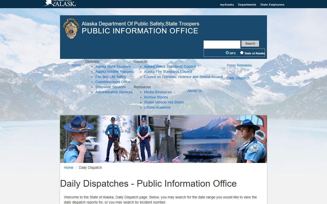 Alaska State Troopers daily dispatch logs for busted mugshots and arrest reports